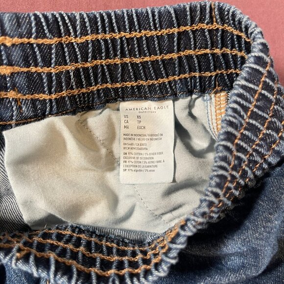 American Eagle Tie Belt Blue Jeans Elastic waist and on Bottom Of Legs - Size XS - Picture 7 of 8